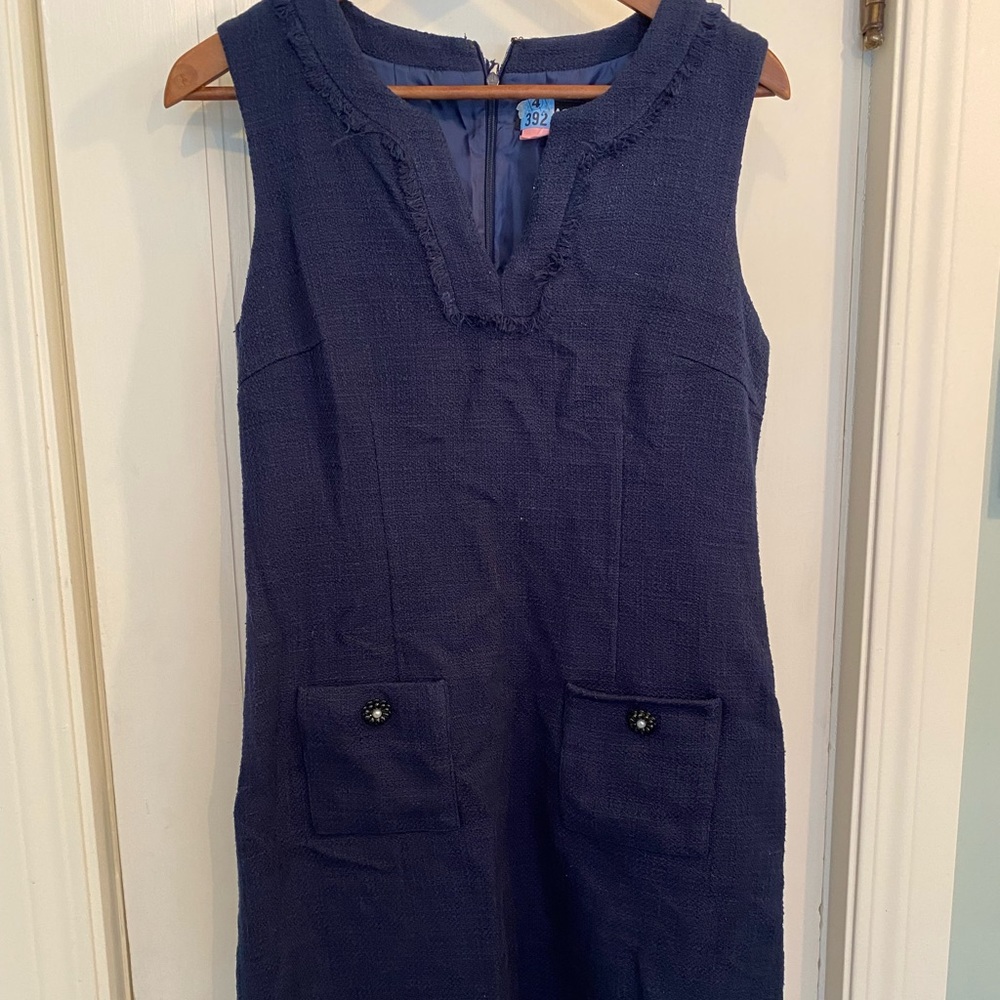 Karl Lagerfeld Paris classic tweed style sheath dress in medium blue. Size 8.